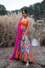 Multicolor Lehenga With Orange Spagetti Strap Choli and Neon Pink Dupatta - Shop Bridal Sangeet Outfit in USA at sushmapatel.us