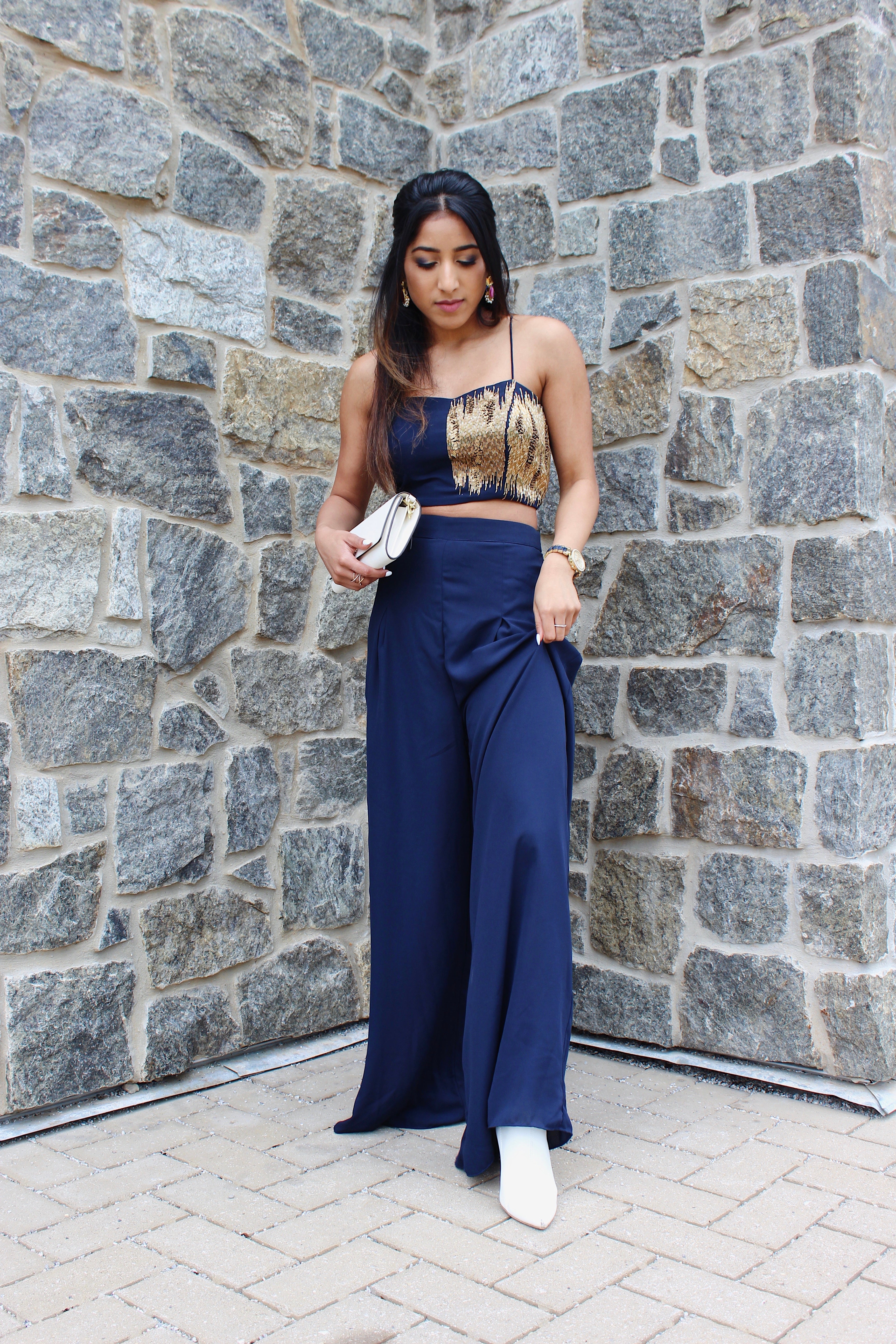 Shop Navy Blue Indo Western Palazzo and Crop Top Online in USA - sushmapatel.us
