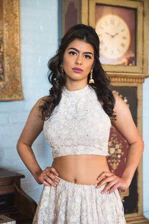 Trendy Light Ash Grey High Neck Halter Blouse With Floral Jal Lucknowi Work. Teamed With A Matching Lehenga and Dupatta - Sushma Patel