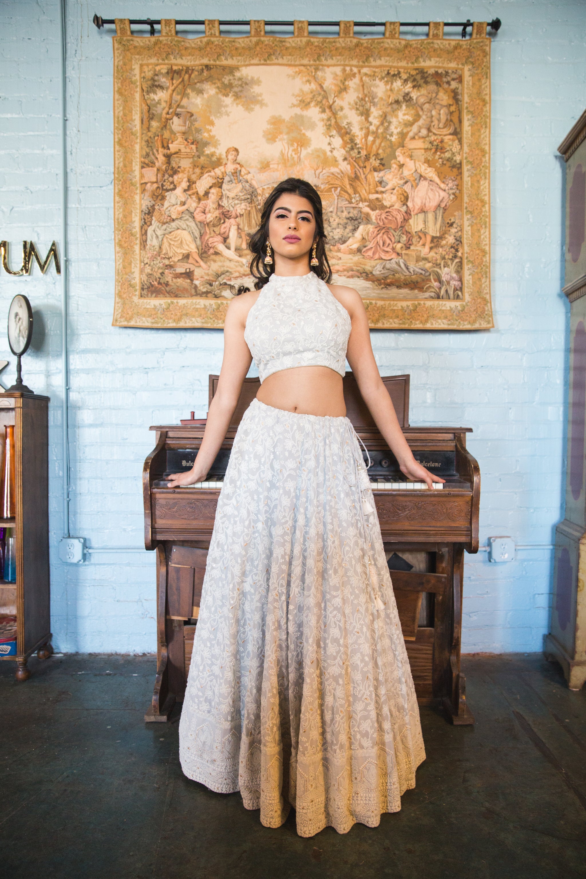 Light Pastel Grey Chic Indian Lehenga Set With Lucknowi Embroidery Online - Sushma Patel