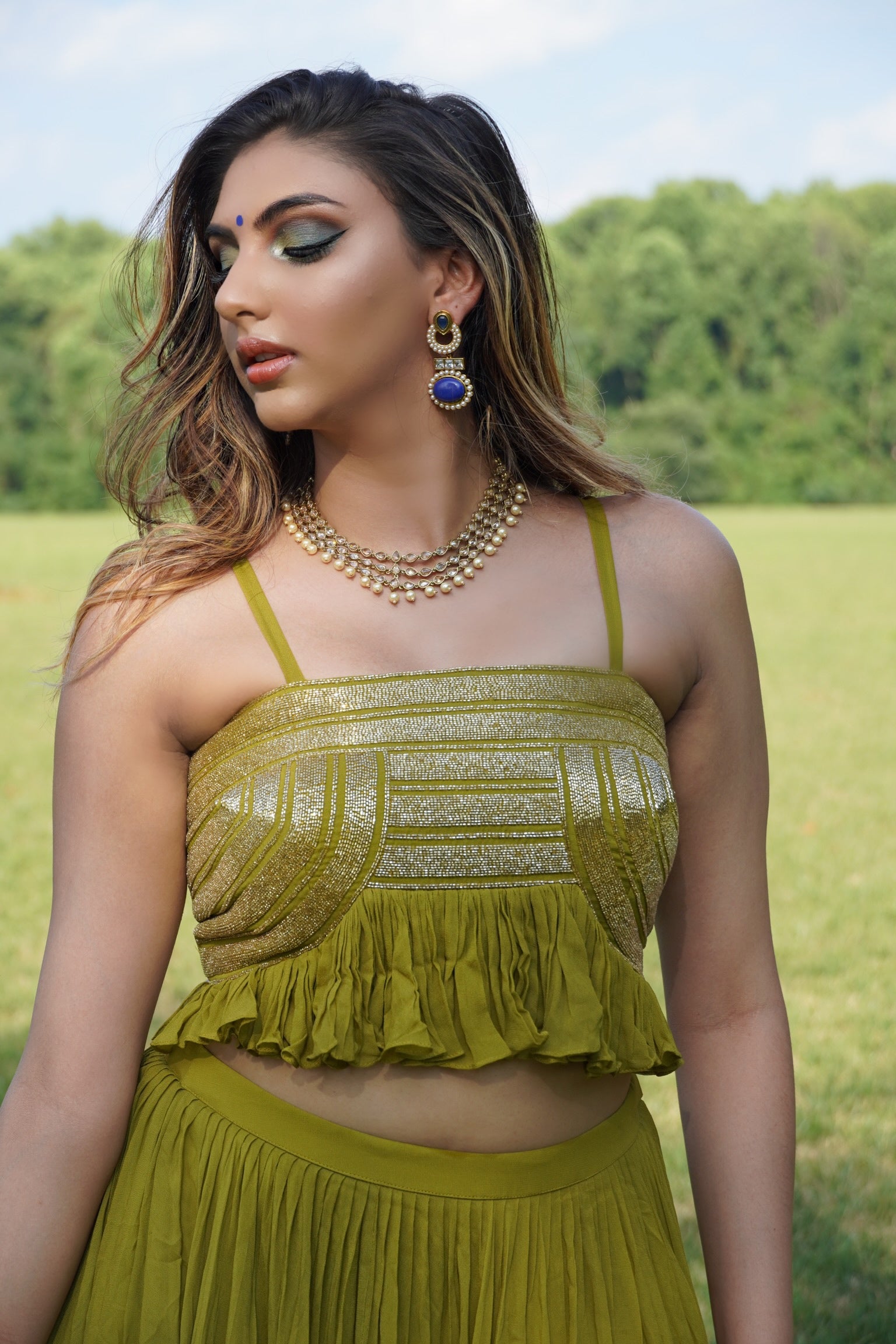 Olive Green Co-ord Set of Spagetti Ruffle Blouse And Skirt - Buy Designer Indian Occasional Wear Outfits in USA - Sushma Patel