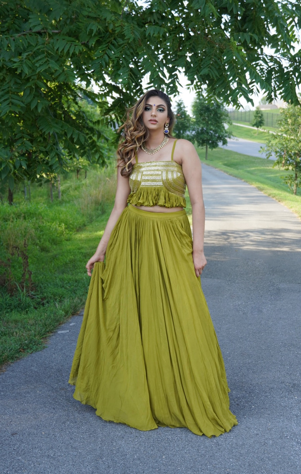 Trendy Leaf Green Indo-Western Crop Top Skirt For Mehendi/Sangeet - Custom Made Bridesmaid Outfits by Indian Designer Sushma Patel  