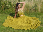 Classy Mehendi Green Flair Lehenga Skirt With Gold Cut Dana Embroidered Spagetti Strap Blouse - Shop At Sushma Patel Atlanta Boutique