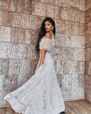 Ash White Net Lehenga with Stylish Cold Shoulder Blouse Perfect for Indian Cocktail Party -Avia by Sushma Patel