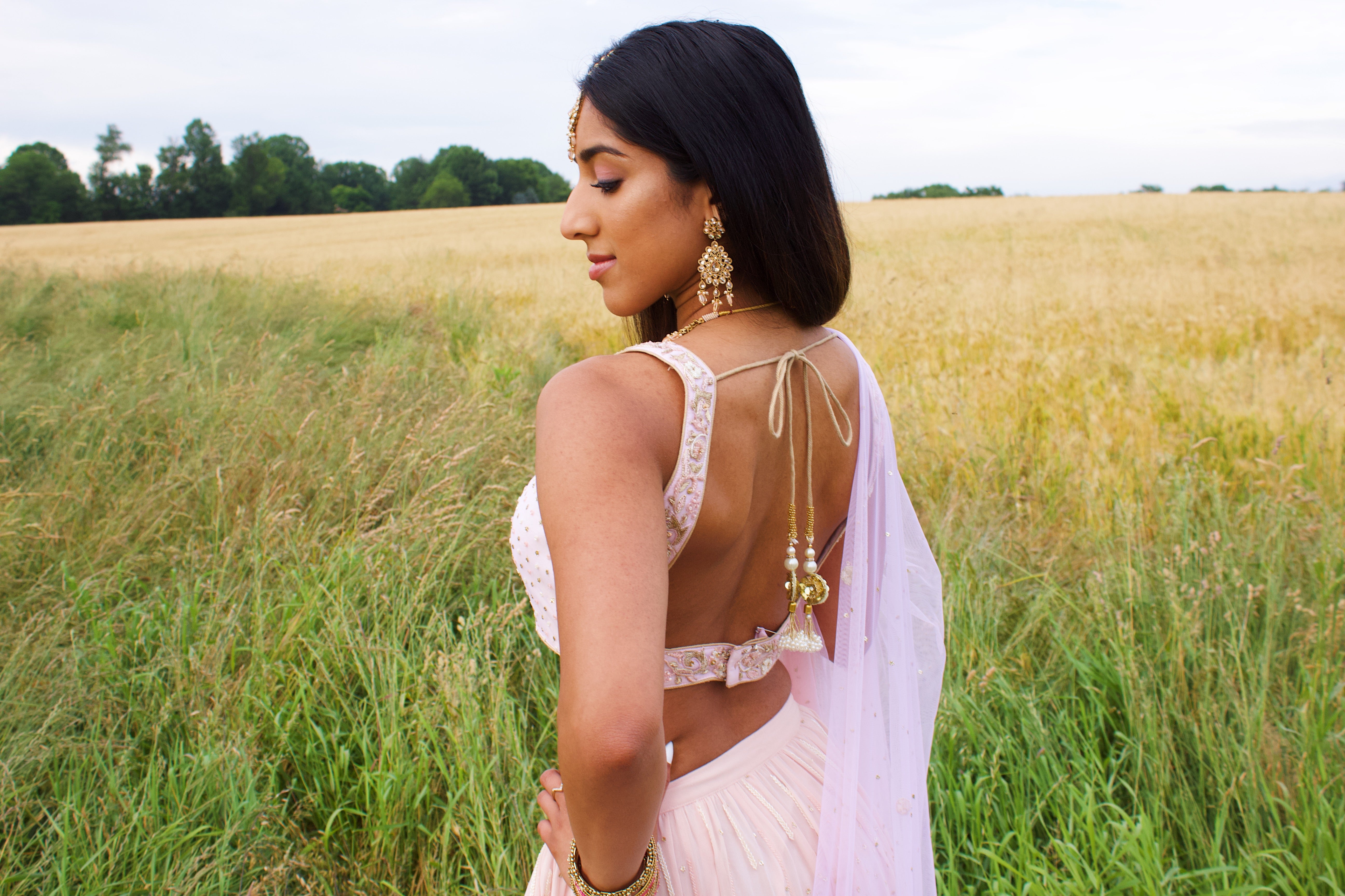 Pastel Pink Designer Lehenga Choli - Custom made Indian Bride and Groom Sangeet Outfit in USA - Sushma Patel