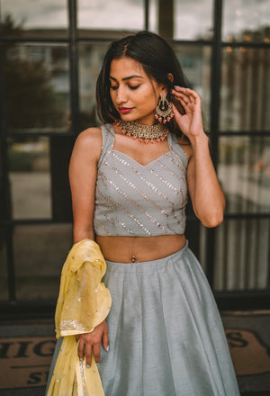 Sweetheart Neck Ash Grey Lehenga Choli With Yellow Dupatta - Shop Trending 2021 Indian Wedding Clothes - Sushma Patel 