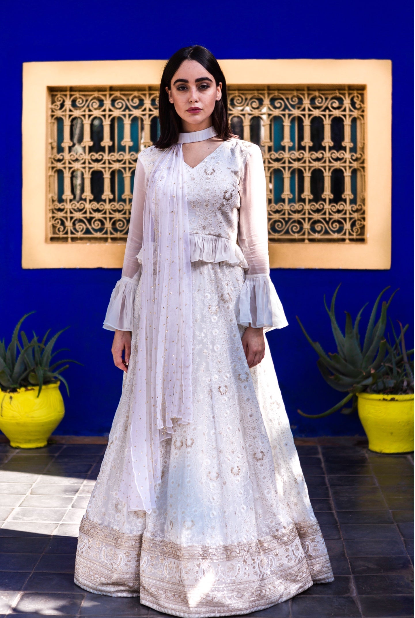 Off White Lucknowi Lehenga Choli With Long Sleeves V Cut Peplum Blouse Buy Online - Sushma Patel  