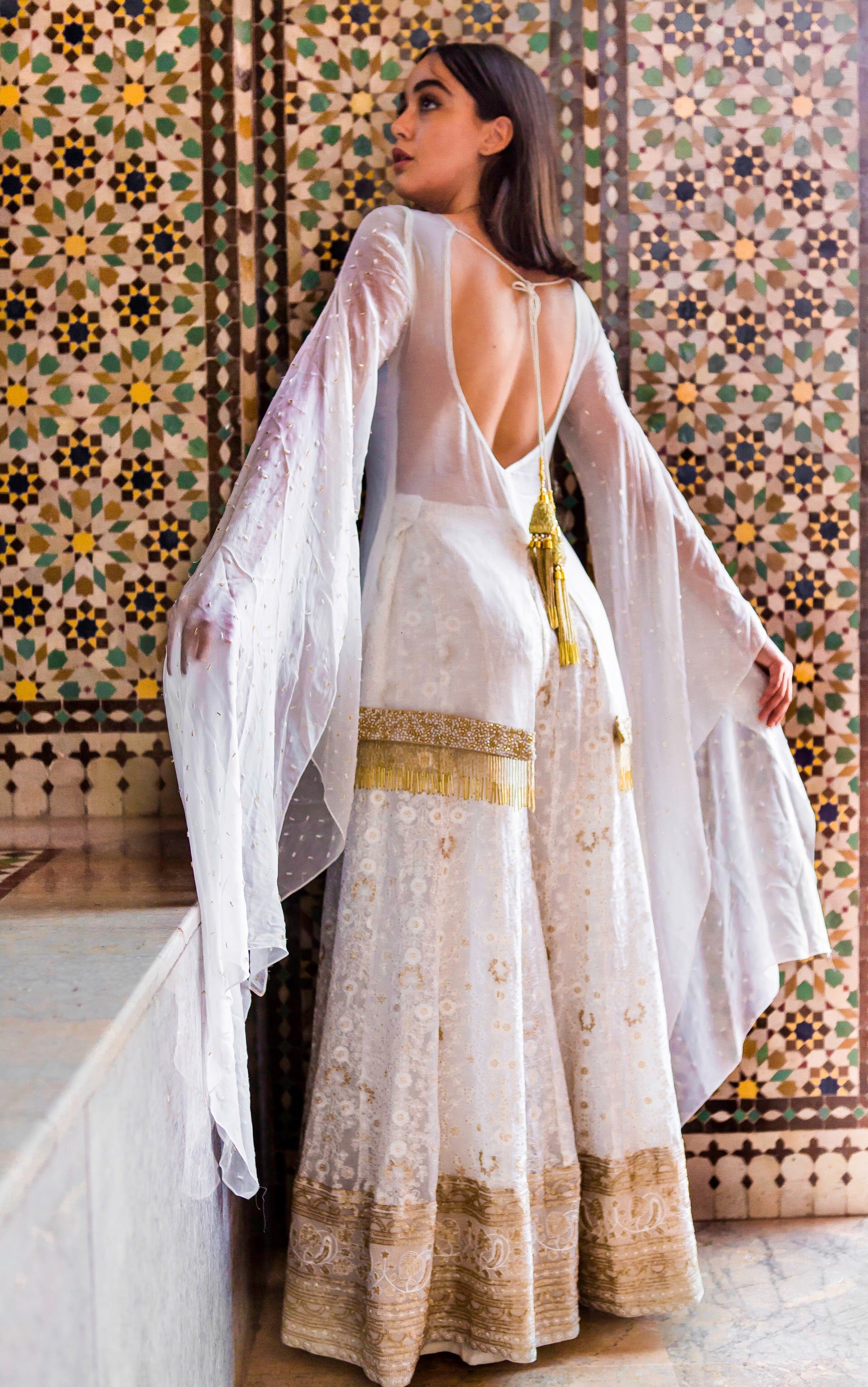 Customized Pakistani Bridal Wedding Outfits in Atlanta - Cream Lucknowi Sharara Pants - Designer Sushma Patel in Atlanta