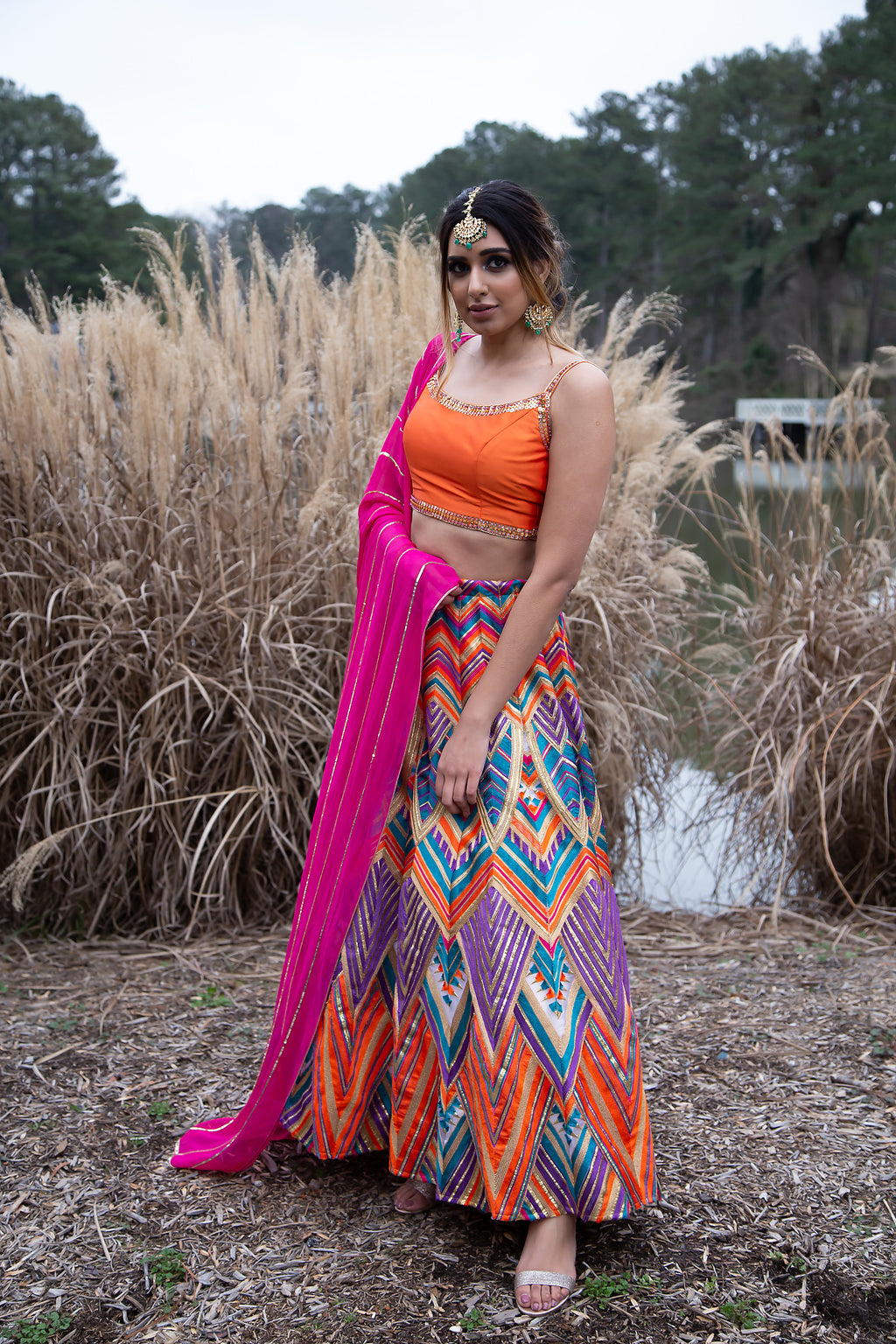 Multicolor Lehenga With Orange Spagetti Strap Choli and Neon Pink Dupatta - Shop Bridal Sangeet Outfit in USA at sushmapatel.us