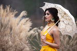 Sexy Yellow Halter Neck Blouse With Gold Tikki Embroidery - Best Indian Wedding Dresses in Atlanta, USA - Sushma Patel
