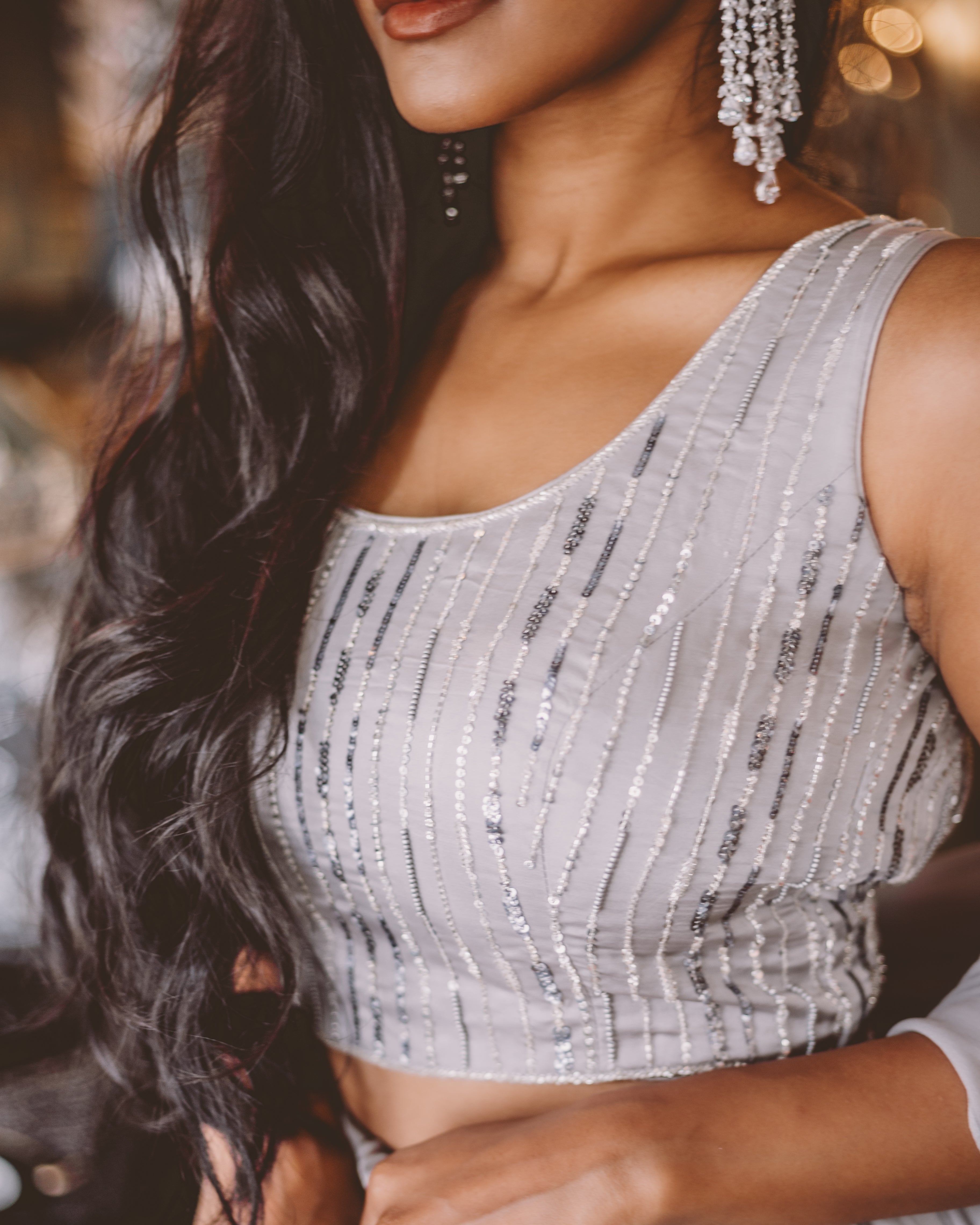 Sexy Silvery Satin Silk Choli with Tikki Embroidery - 2021 Trending Indian Bridesmaids Dresses - Sushma Patel