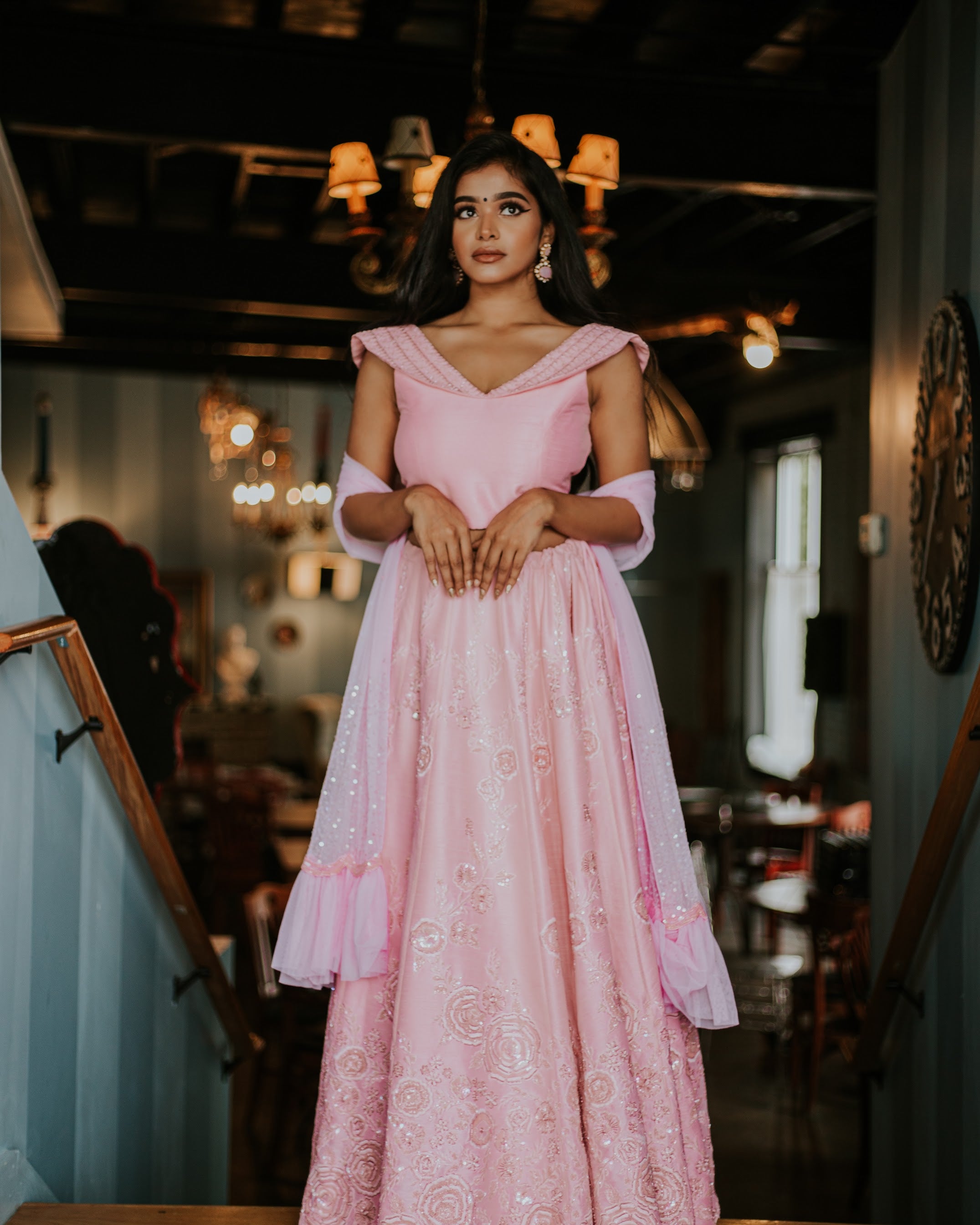 Made-To-Measure Sassy Indo Western Style Lehenga Choli in Rose Pink. Skirt Embellished With Silk Resham And Intricate Sequins Beading on Floral Motifs - By Top Indian Designer Sushma Patel