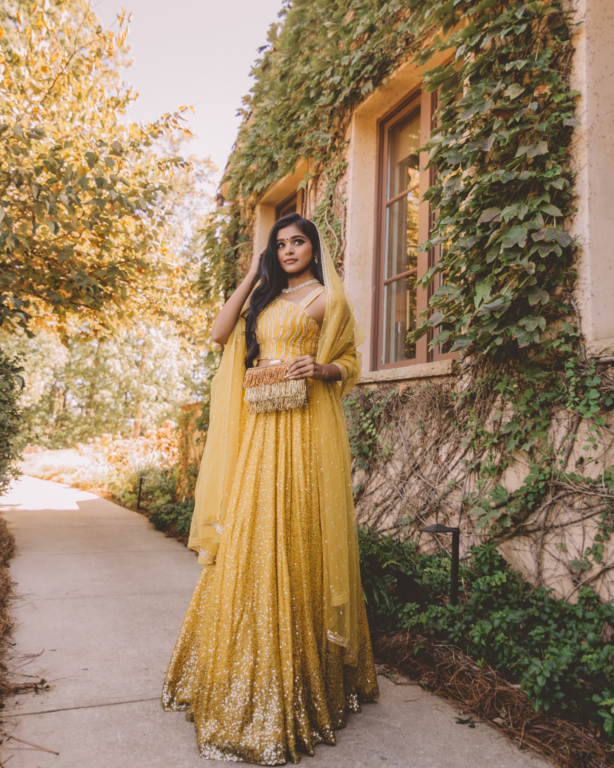 Elegant Mustard Yellow Monochrome Lehenga Choli Embellished with Gold Sequins - Best Indian Wedding Dresses Online at sushmapatel.us