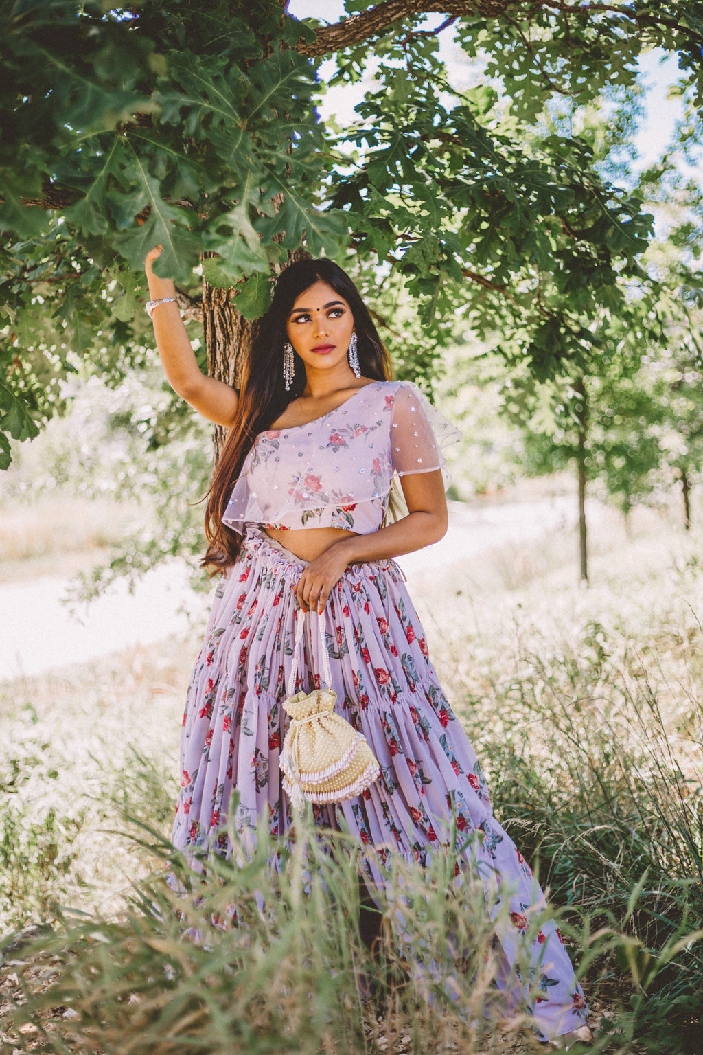 Lavender Floral Print Lehenga With Stylish One Shoulder Blouse - Indo- Western Collection By Top Indian Designer Sushma Patel