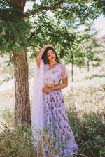 Pastel Purple Floral Print Crop Top Skirt. An Attire Perfect For Wedding Occasion Like Mehendi/Sangeet - Buy At Sushma Patel Boutique in Georgia Atlanta, USA