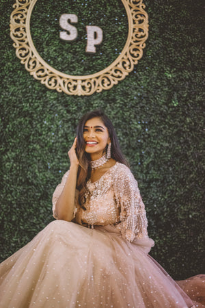 Pearl and Sequins Eembroidered Indian Bridal Reception Wear in Peach - Sushma Patel