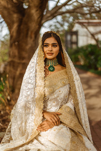 Off White Lucknowi Chikankari Saree With Gold Border - Shop Indian Designer Sari in USA At Sushma Patel