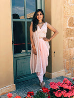 Trending Summer Indian Wedding Outfit - Peach Pink Fusion Dhoti and Crop Top A Perfect Bridesmaid Attire For Mehendi/Haldi Function - Shop At Sushma Patel Boutique in Georgia, Atlanta