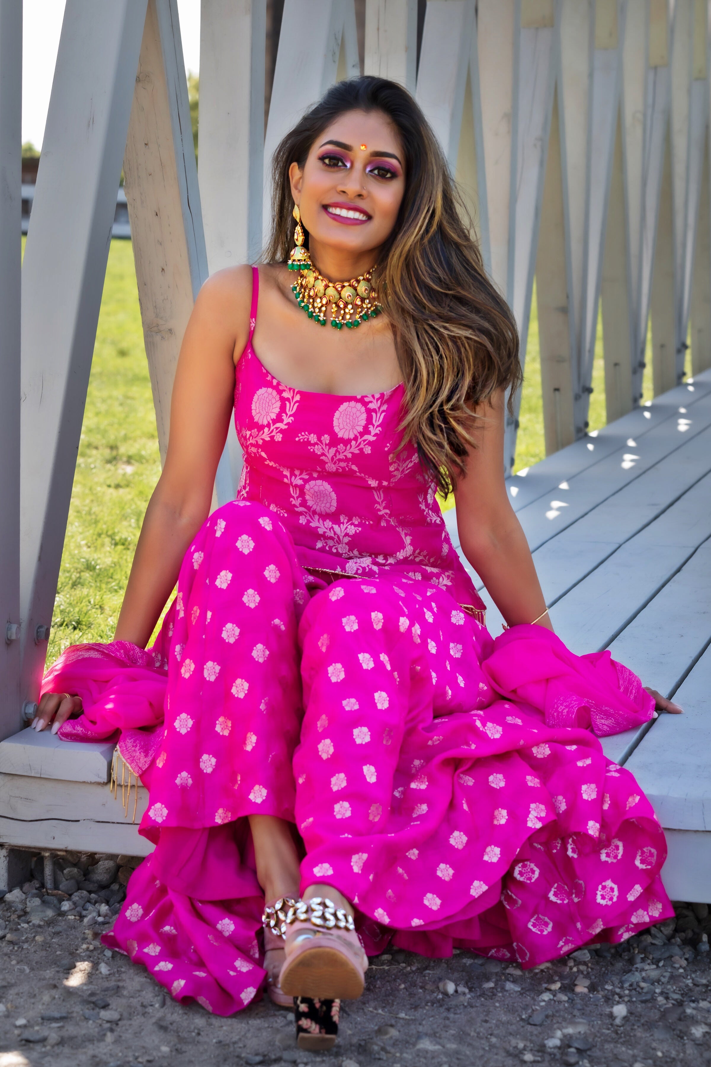 Rani Pink Sharara with Spagetti Strap Top in Silk Brocade Fabric - Fusion Indian Wear - Shop at Designer Indian Clothes Boutique in Atlanta, Georgia - Sushma Patel