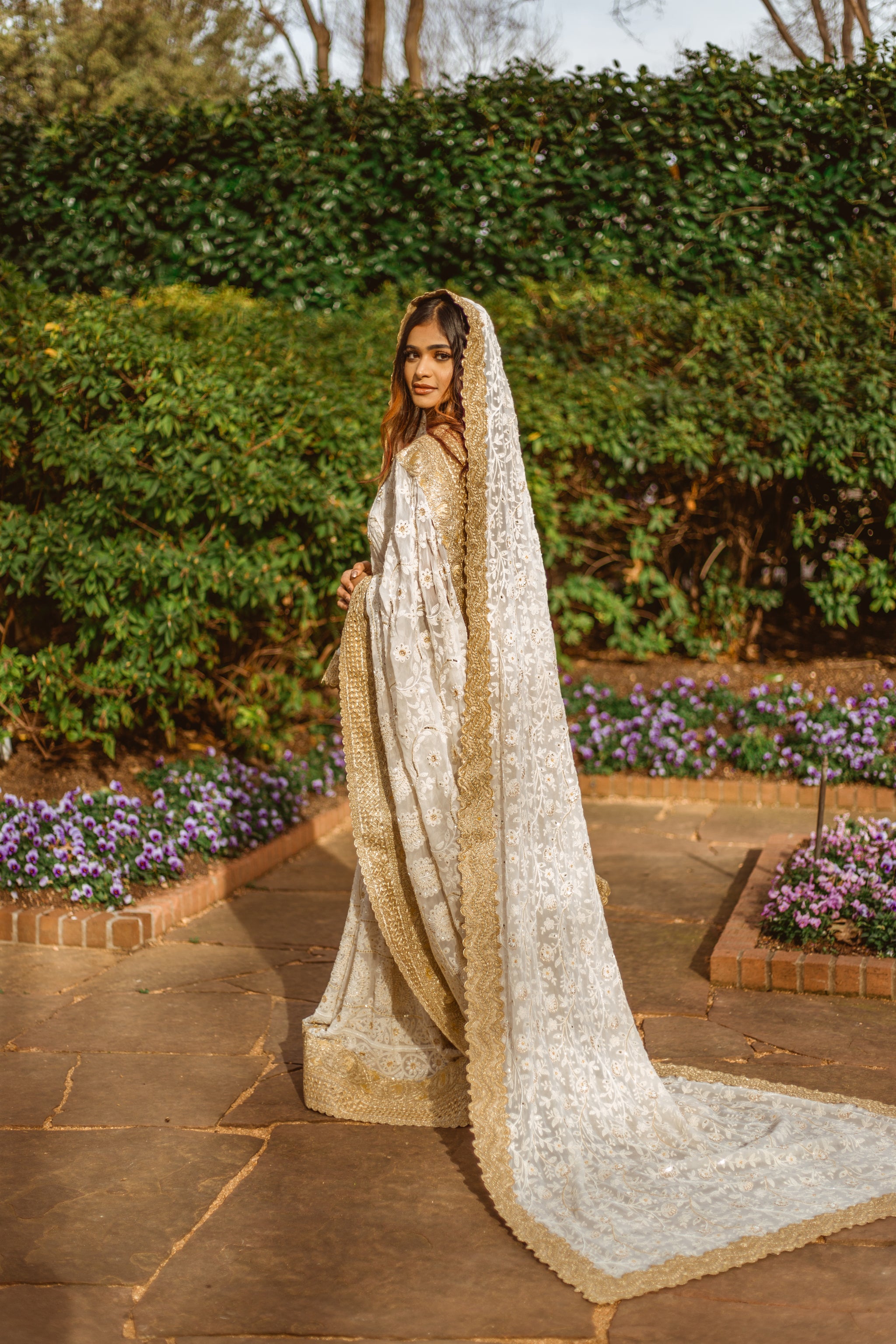 Custom Made Indian Bridal Saree in Cream White Lucknowi Fabric - Sushma Patel 
